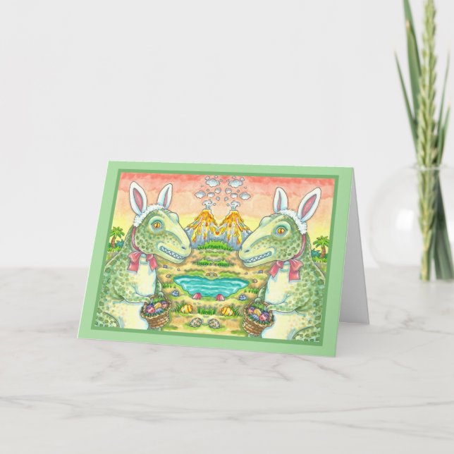 TYRANNOSAURUS,  CUTE T-REX, EASTER BUNNY DINO HOLIDAY CARD (Front)