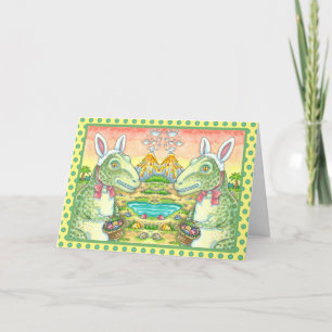 TYRANNOSAURUS, CUTE T-REX, EASTER BUNNY DINO HOLIDAY CARD