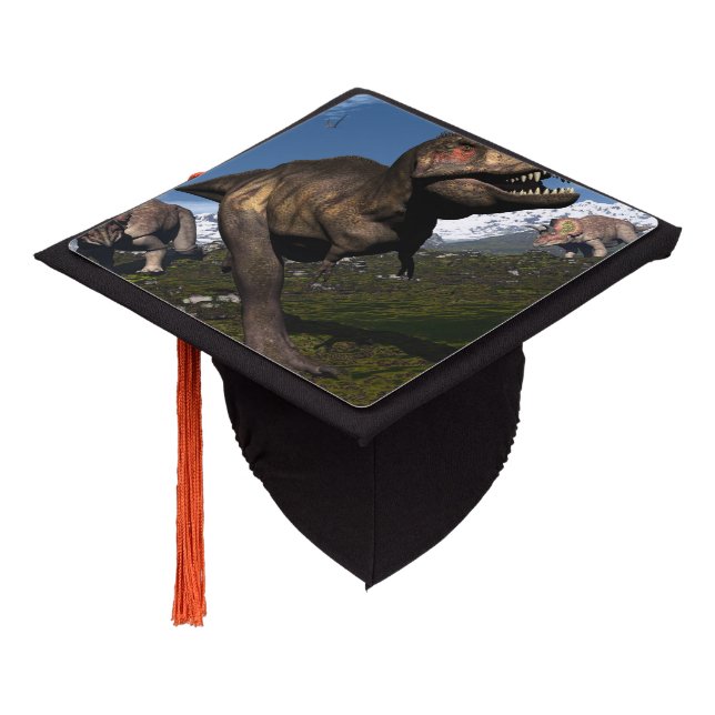 Tyrannosaurus rex attacked by triceratops dinosaur graduation cap topper (Angled)