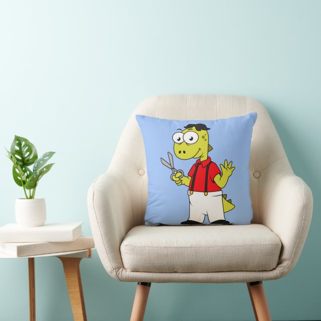 Tyrannosaurus Rex Barber With Scissors. Throw Pillow (Chair)