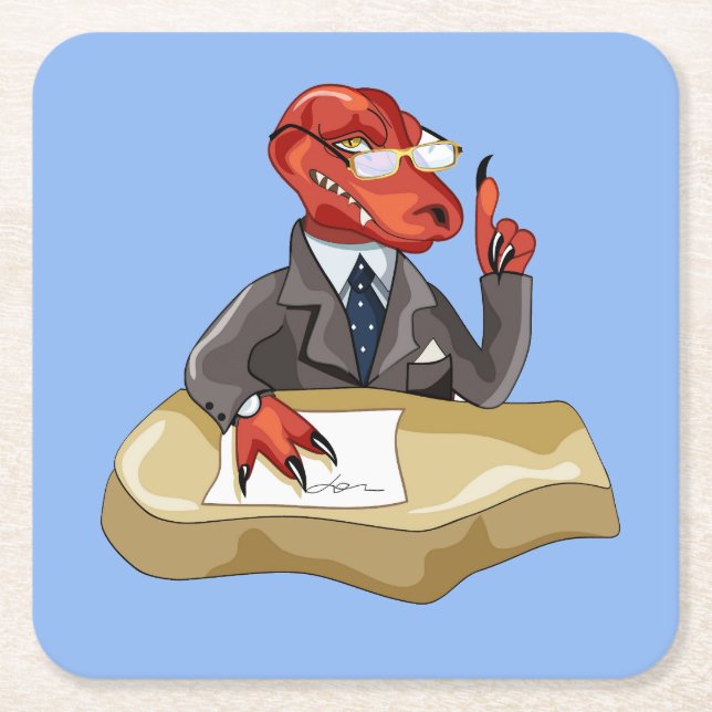 Tyrannosaurus Rex Boss Sitting At A Desk. 2 Square Paper Coaster (Front)