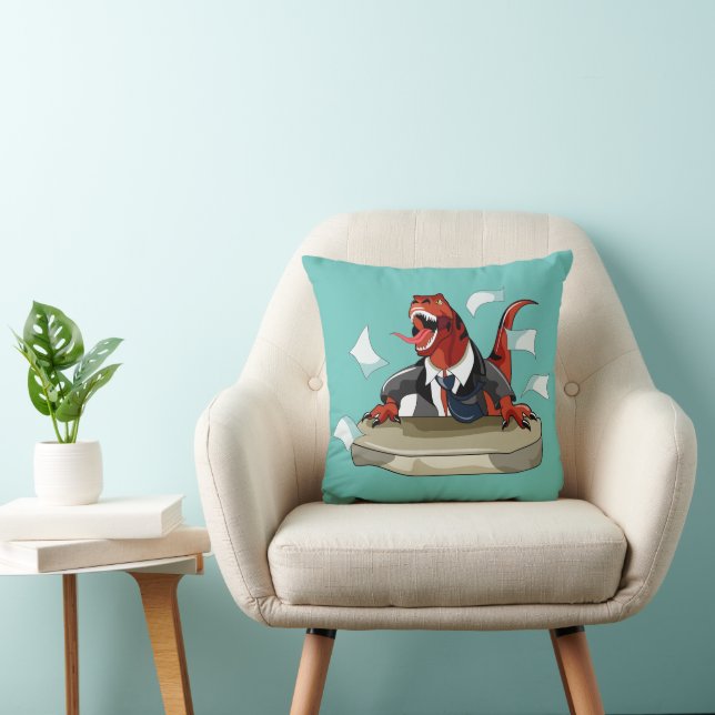 Tyrannosaurus Rex Boss Sitting At A Desk. Throw Pillow (Chair)