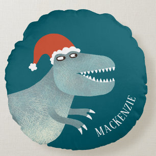 Tyrannosaurus Rex Christmas Santa Hat Personalized Round Pillow