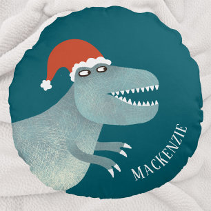 Tyrannosaurus Rex Christmas Santa Hat Personalized Round Pillow