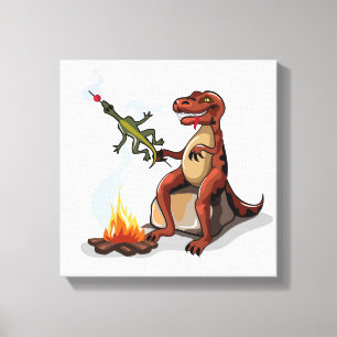 Tyrannosaurus Rex Cooking Food Over A Campfire. Canvas Print