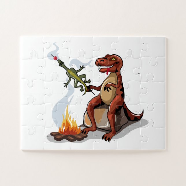 Tyrannosaurus Rex Cooking Food Over A Campfire. Jigsaw Puzzle (Horizontal)