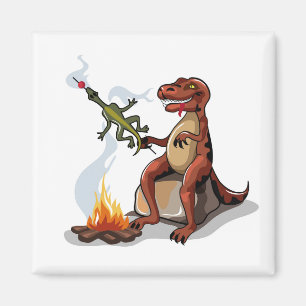 Tyrannosaurus Rex Cooking Food Over A Campfire. Magnet