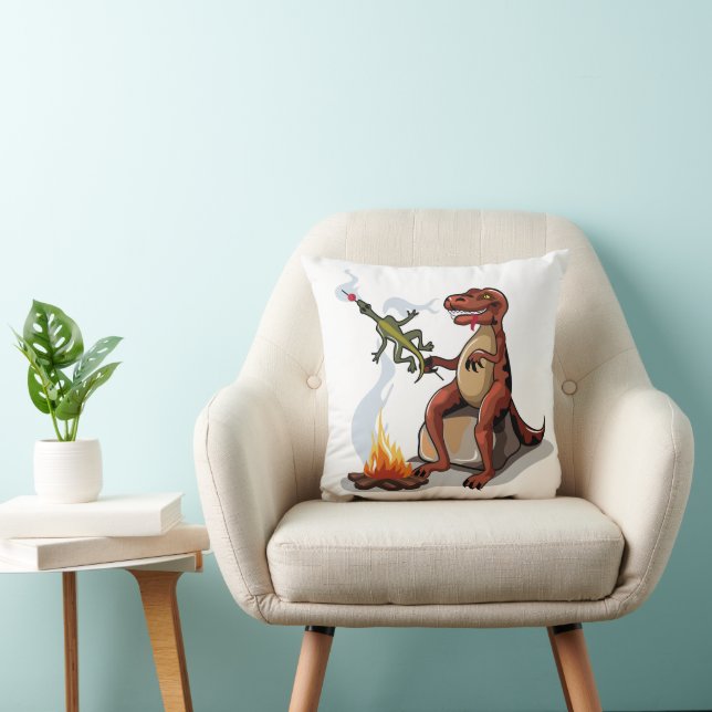 Tyrannosaurus Rex Cooking Food Over A Campfire. Throw Pillow (Chair)