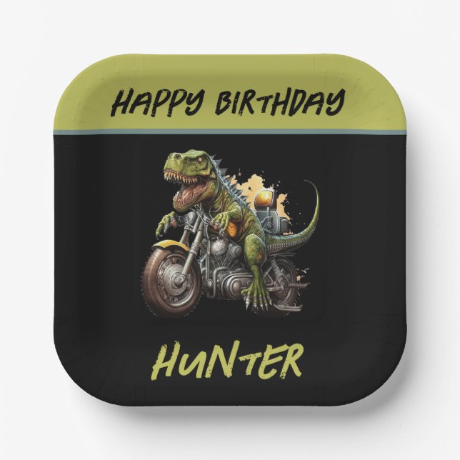 Tyrannosaurus Rex Dinosaur Motorcycle Birthday Paper Plate (Front)