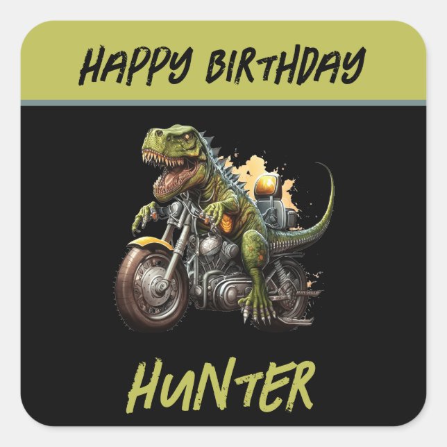 Tyrannosaurus Rex Dinosaur Motorcycle Birthday Square Sticker (Front)