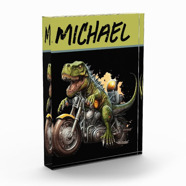 Tyrannosaurus Rex Dinosaur Riding a Motorcycle Photo Block (Left)