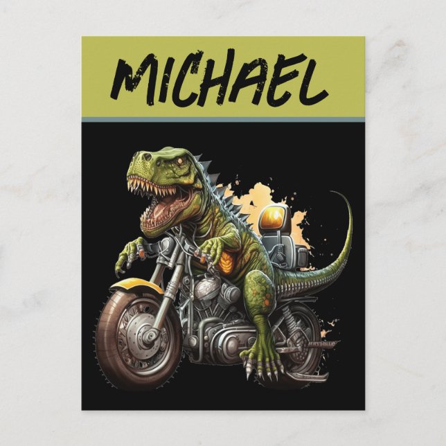 Tyrannosaurus Rex Dinosaur Riding a Motorcycle Postcard (Front)