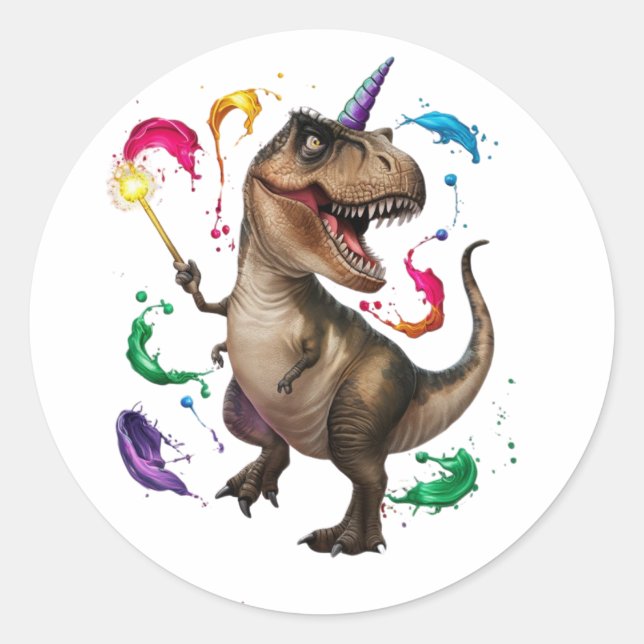 Tyrannosaurus Rex dinosaur with a unicorn horn Classic Round Sticker (Front)