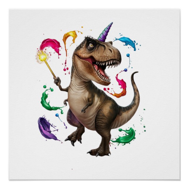 Tyrannosaurus Rex dinosaur with a unicorn horn Poster (Front)