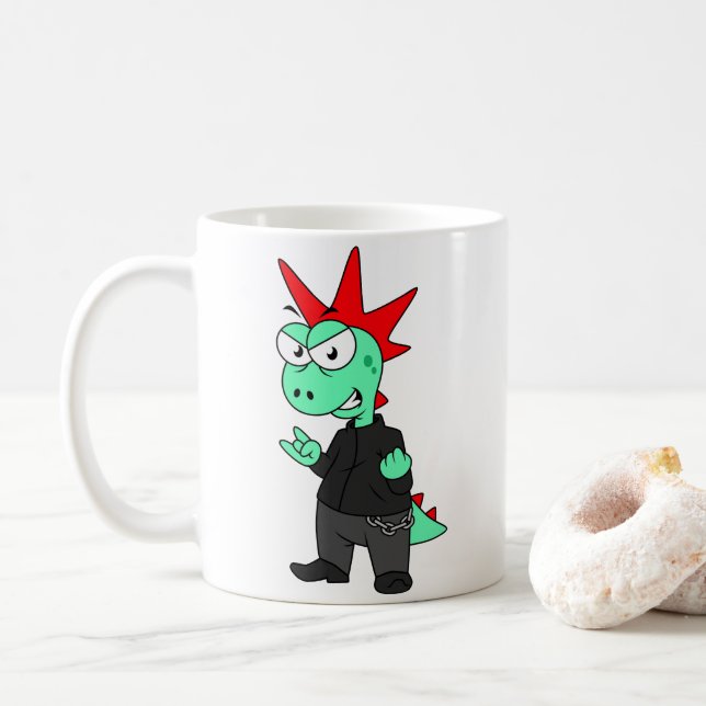 Tyrannosaurus Rex Dressed As A Punk. Coffee Mug (With Donut)