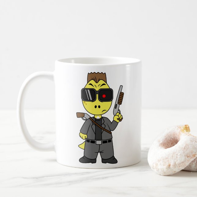 Tyrannosaurus Rex Dressed As The Terminator. Coffee Mug (With Donut)