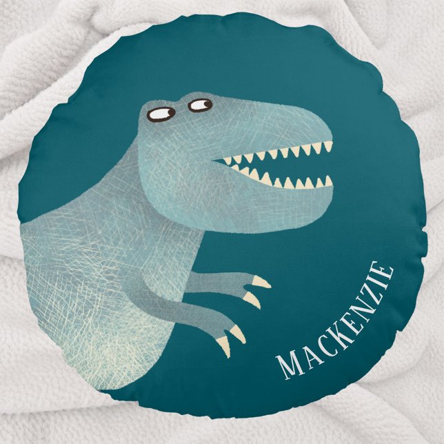 Tyrannosaurus Rex Fun Personalized Round Pillow (Fun Tyrannosaurus Rex dinosaur personalized name custom text throw pillow)