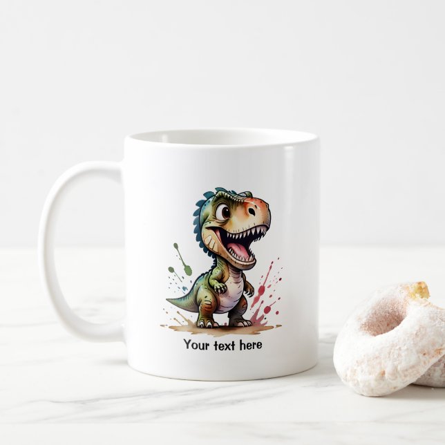 Tyrannosaurus Rex Watercolor Splash Personalized Coffee Mug (With Donut)