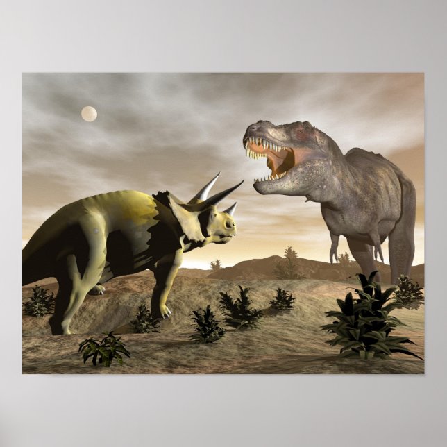Tyrannosaurus roaring at triceratops - 3D render Poster (Front)