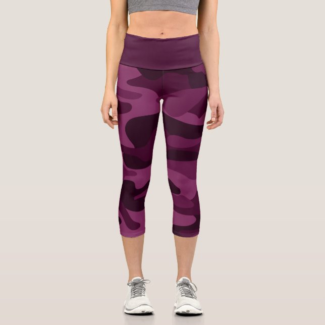 Tyrian Purple Monocolor Camo Capri Leggings (Front)