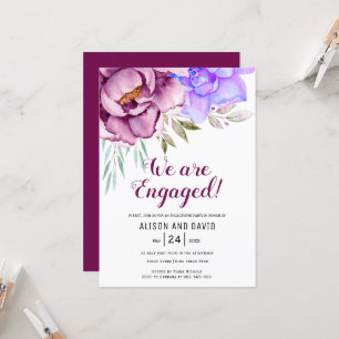 Tyrian purple watercolor flowers floral engagement invitation