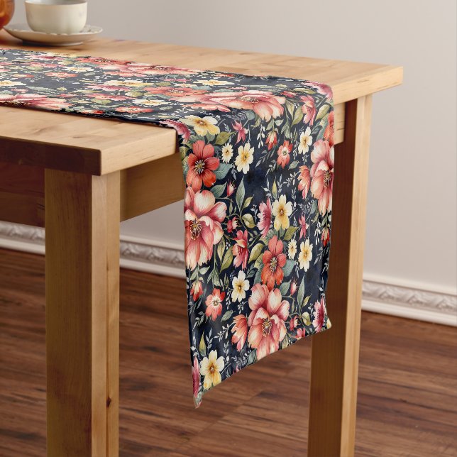 Tyrolean Flower Bouquets on Navy Fleece  Short Table Runner (In Situ)