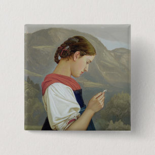 Tyrolean Girl Contemplating a Crucifix, 1865 2 Inch Square Button