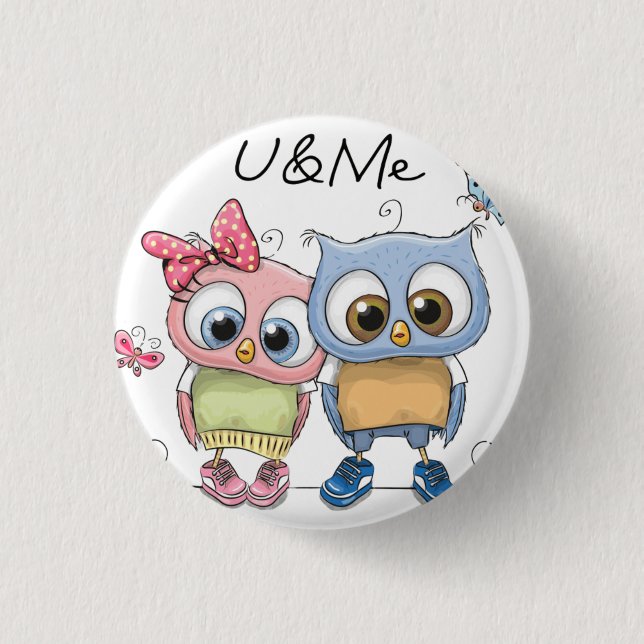U and Me Twin Owls Pinback Button - Cute Forest Bi (Front)