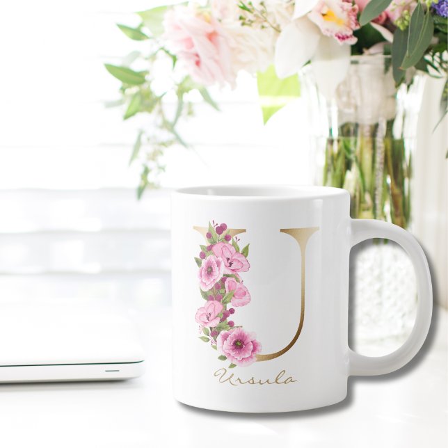 U Letter Gold Monogram Pink Magenta Floral Large Coffee Mug (Creator Uploaded)