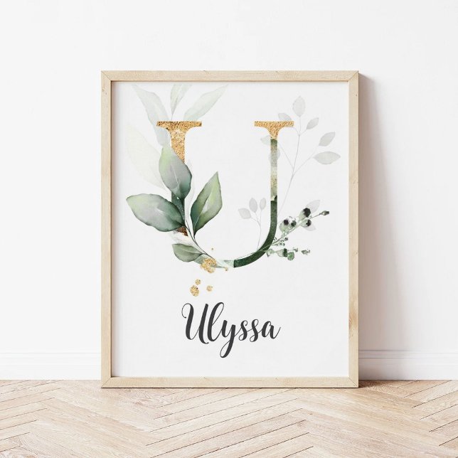 U Letter Monogram Greenery Nursery Name Wall Print (Creator Uploaded)