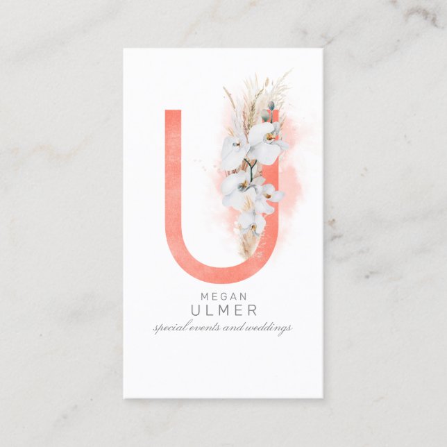 U Letter Monogram White Orchids and Pampas Grass Business Card (Front)