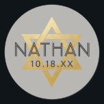 U PICK COLOR Bat Bar Mitzvah Star of David Name Classic Round Sticker<br><div class="desc">Elegant modern classic bar mitzvah stickers with custom name, date and gold Star of David. These bar mitzvah favour tag stickers are stylish and classy envelope seals, or on DIY bar and bat mitzvah party decor projects. • • • Click CUSTOMIZE FURTHER to change background and text colour, font or position. Use...</div>