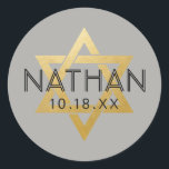 U PICK COLOR Bat Bar Mitzvah Star of David Name Classic Round Sticker<br><div class="desc">Elegant modern classic bar mitzvah stickers with custom name, date and gold Star of David. These bar mitzvah favour tag stickers are stylish and classy envelope seals, or on DIY bar and bat mitzvah party decor projects. • • • Click CUSTOMIZE FURTHER to change background and text colour, font or position. Use...</div>
