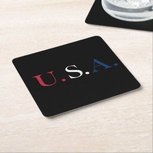 U.S.A. Red White And Blue Lettering Design  Square Paper Coaster