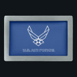 U.S. Air Force Logo - Blue Belt Buckle<br><div class="desc">This design showcases the official U.S. Air Force logo on a striking blue background. Symbolizing pride,  dedication,  and service,  it’s a timeless and patriotic tribute to the United States Air Force and its rich tradition of excellence.</div>
