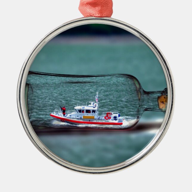 U.S. Coast Guard Ship in a Bottle. Metal Ornament (Front)