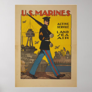 U.S. Marines.  Active Service.  Land Sea Air Poster