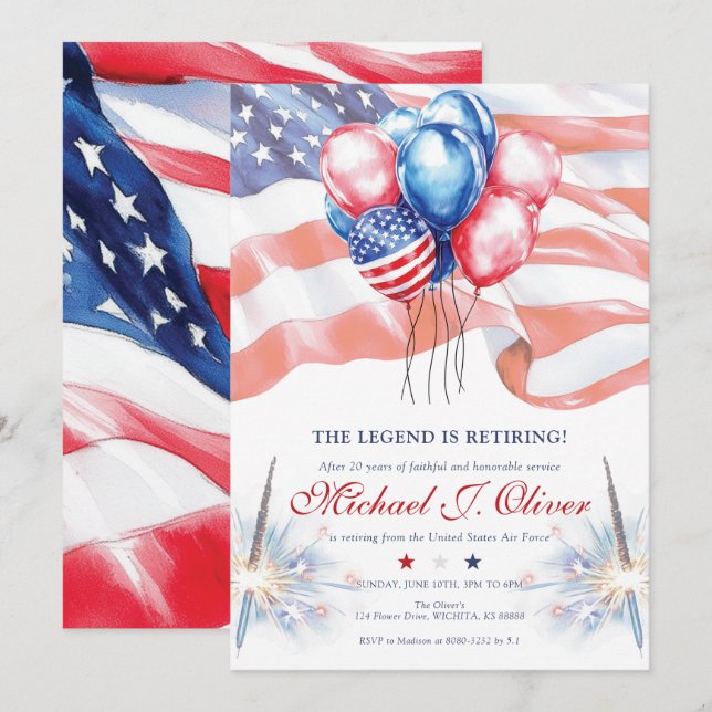 U.S. Military Retirement Patriotic Flag Invitation (Front/Back)