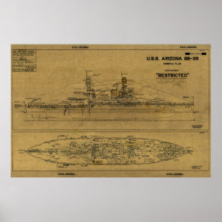 U.S.S. ARIZONA Battleship Blueprint 1934  Poster
