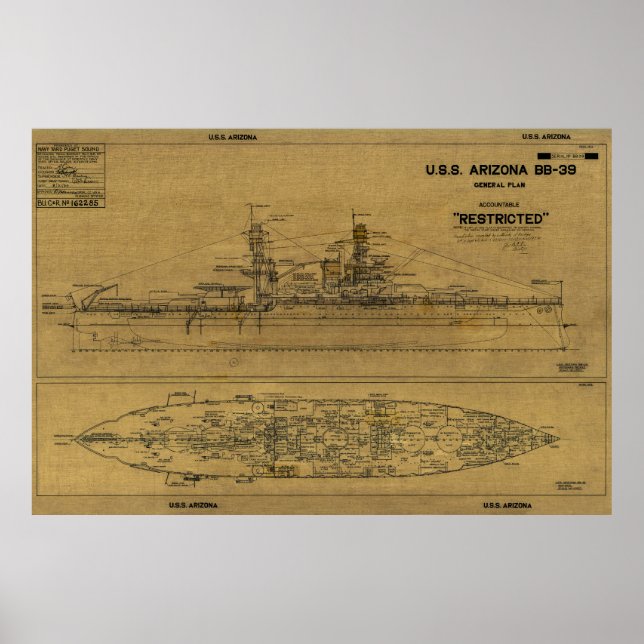 U.S.S. ARIZONA Battleship Blueprint 1934  Poster (Front)