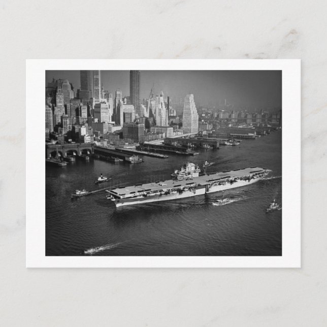 U.S.S. Hornet Sails Down East River New York City Postcard (Front)