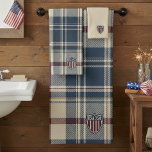 UA 250 American Plaid Shield Motif ID1301 Bath Towel Set<br><div class="desc">Elevate your bathroom with our "Heritage Plaid" towels, designed for the USA 250 celebration. This premium navy, cream, and maroon tartan features a clean, distressed shield motif for a boutique designer feel. Whether you're purchasing a single hand towel or the full set, these linens offer a sophisticated way to bring...</div>