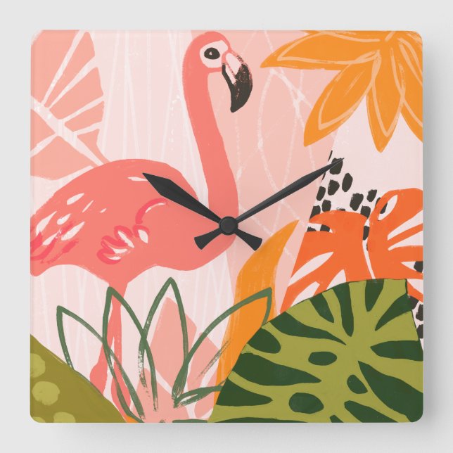 UA Jungle Flamingo II Square Wall Clock (Front)