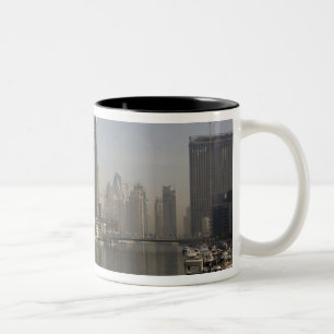 UAE, Dubai. Marina towers with boats at anchor. Two-Tone Coffee Mug