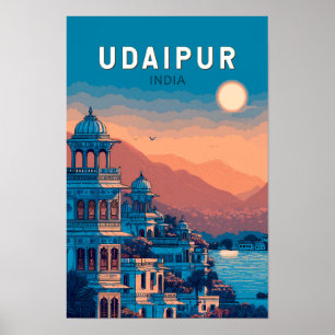 Udaipur India Illustration Travel Art Vintage Poster