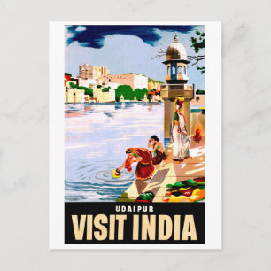 Udaipur, India. Women by the lake. Vintage travel Postcard
