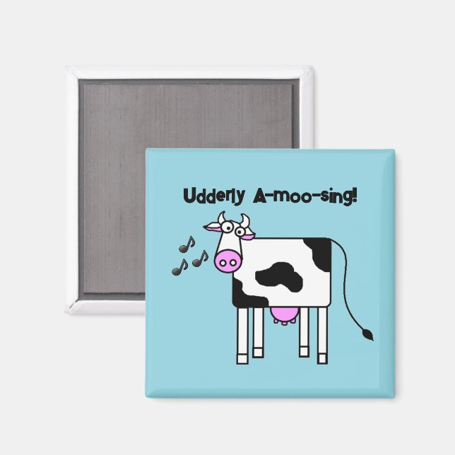 Udderly A-moo-sing Singing Cow Pun Cartoon Design Magnet (Front/Back)