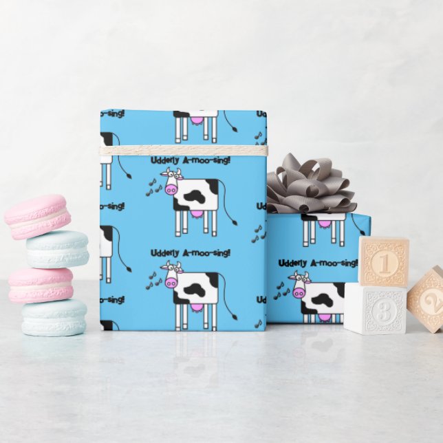 Udderly A-moo-sing Singing Cow Pun Cartoon Design Wrapping Paper (Baby Shower)