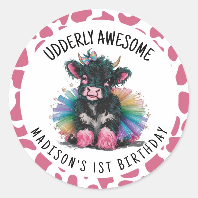 Udderly Awesome Tutu Highland Cow Print Classic Round Sticker (Front)