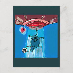 ufo abduction cow cartoon style funny illustration postcard